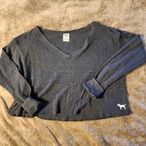 VS PINK Waffle Knit - Grey - Off Shoulder Cropped Sweater - XS